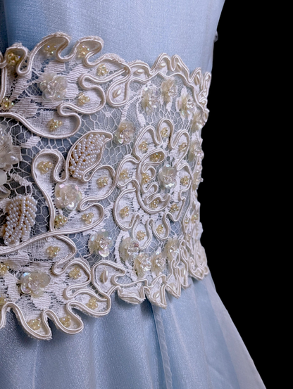 1972 Blue Wedding Dress with Bishop Sleeves, Scoop Neckline, and Hand Beaded Details