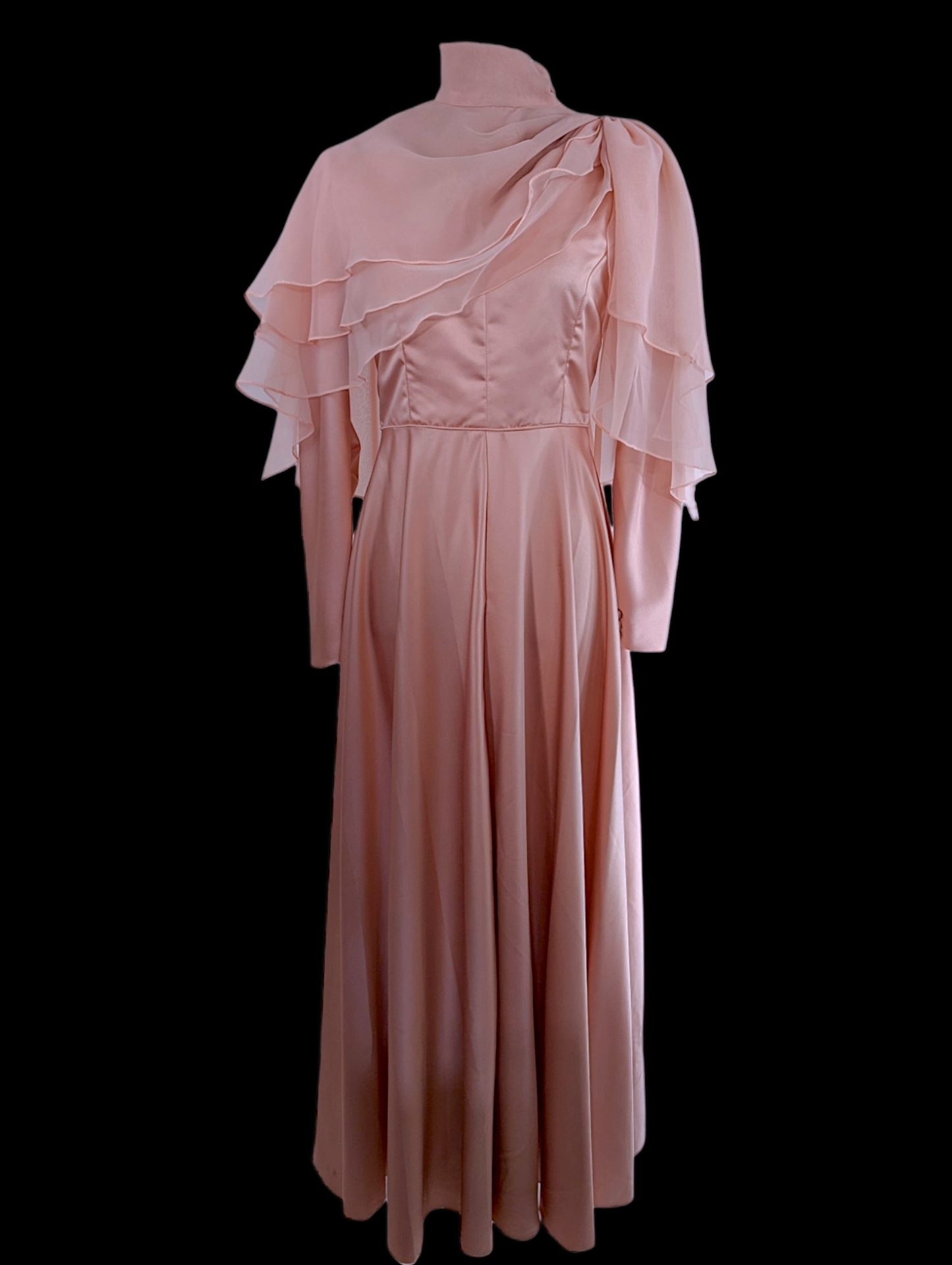 Vintage Silk Satin Dusty Rose Pink Dress with Long Sleeves, V Neckline, and Sheer Chiffon Organza Tiered Removable Cape