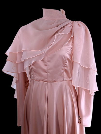 Vintage Silk Satin Dusty Rose Pink Dress with Long Sleeves, V Neckline, and Sheer Chiffon Organza Tiered Removable Cape