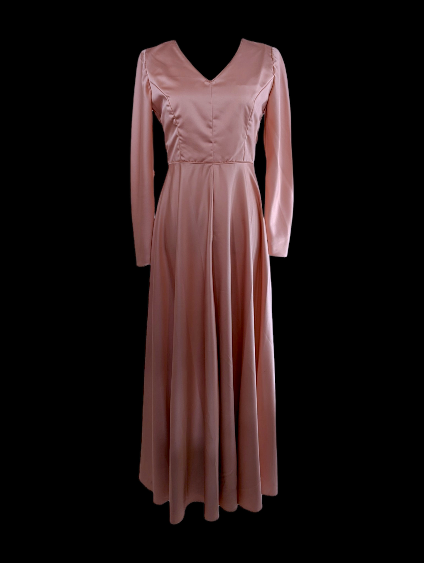 Vintage Silk Satin Dusty Rose Pink Dress with Long Sleeves, V Neckline, and Sheer Chiffon Organza Tiered Removable Cape