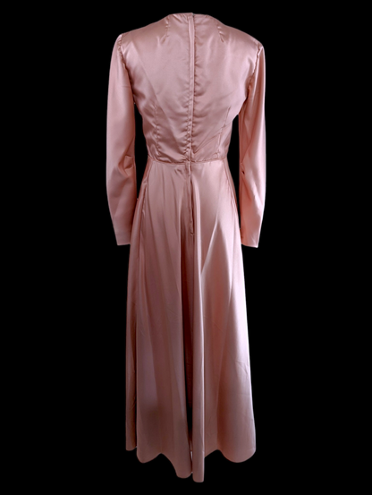 Vintage Silk Satin Dusty Rose Pink Dress with Long Sleeves, V Neckline, and Sheer Chiffon Organza Tiered Removable Cape