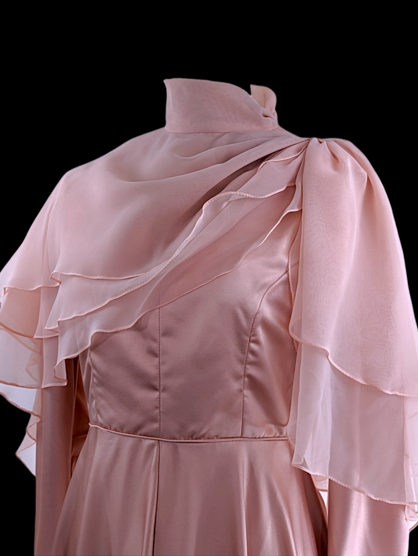 Vintage Silk Satin Dusty Rose Pink Dress with Long Sleeves, V Neckline, and Sheer Chiffon Organza Tiered Removable Cape