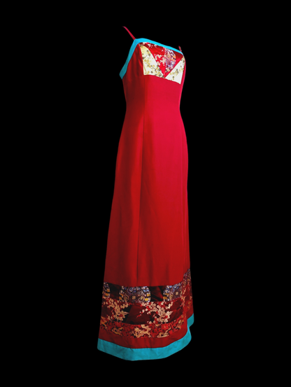 1990s Sue Wong Shantung Silk Spaghetti Strap Shift Y2K Dress In Red, Blue and Gold