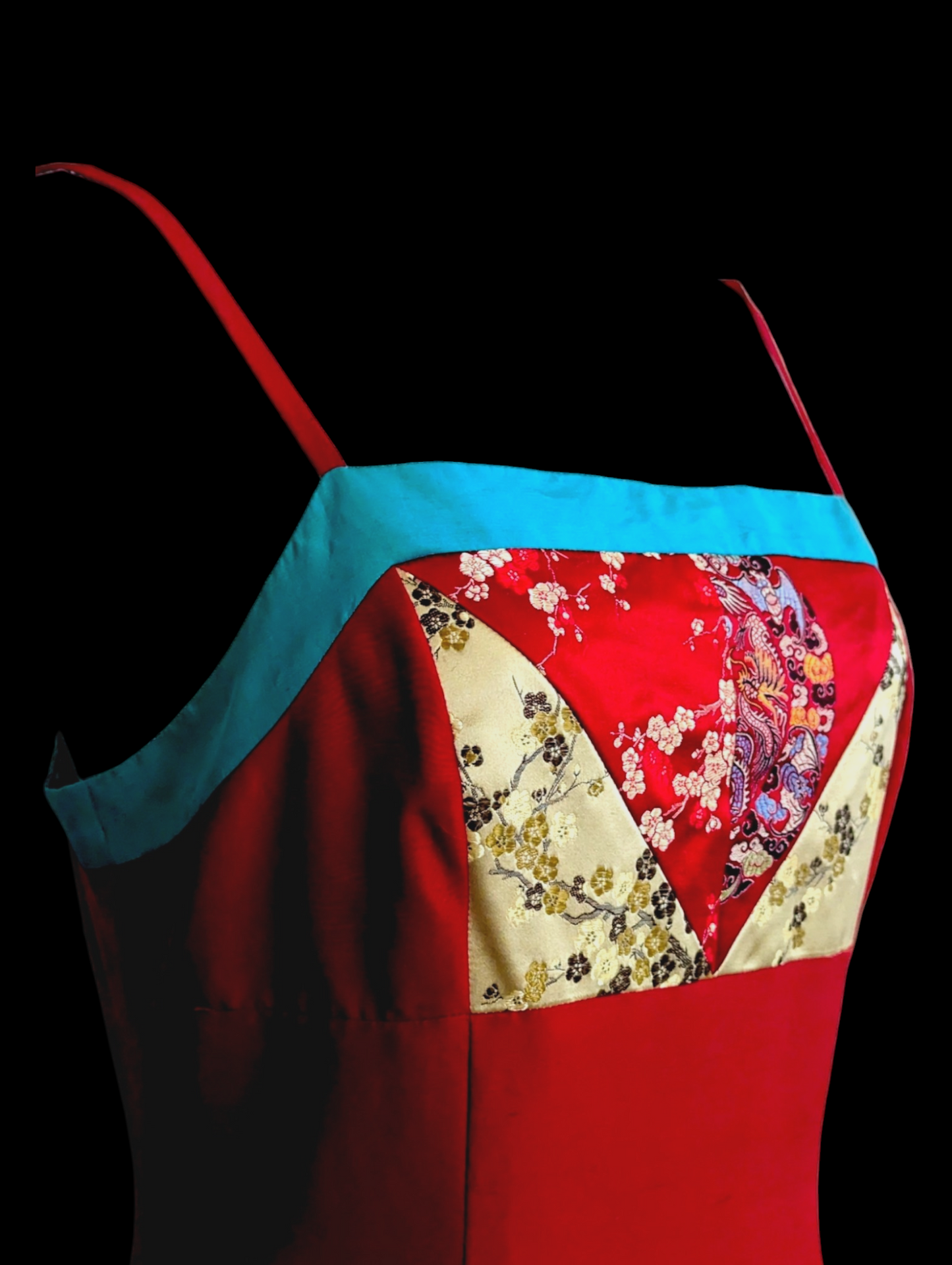 1990s Sue Wong Shantung Silk Spaghetti Strap Shift Y2K Dress In Red, Blue and Gold