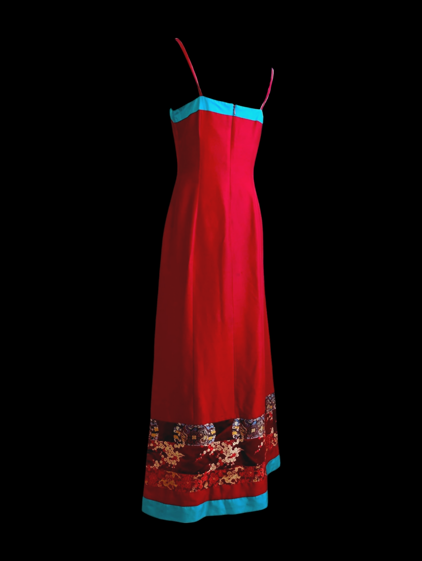 1990s Sue Wong Shantung Silk Spaghetti Strap Shift Y2K Dress In Red, Blue and Gold