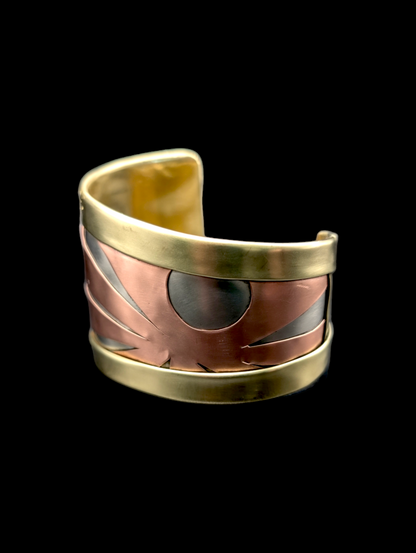 Mid-Century Modern Vintage Copper, Silver and Brass Mixed Metals Cuff Bracelet with Sun Beam Burst