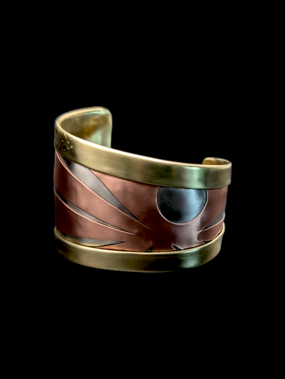 Mid-Century Modern Vintage Copper, Silver and Brass Mixed Metals Cuff Bracelet with Sun Beam Burst