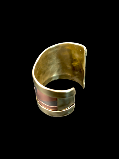 Mid-Century Modern Vintage Copper, Silver and Brass Mixed Metals Cuff Bracelet with Sun Beam Burst