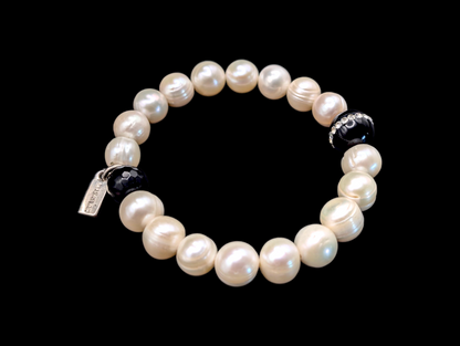 Vintage Maria Bonita Freshwater Pearl and Black Agate Stretch Bracelet