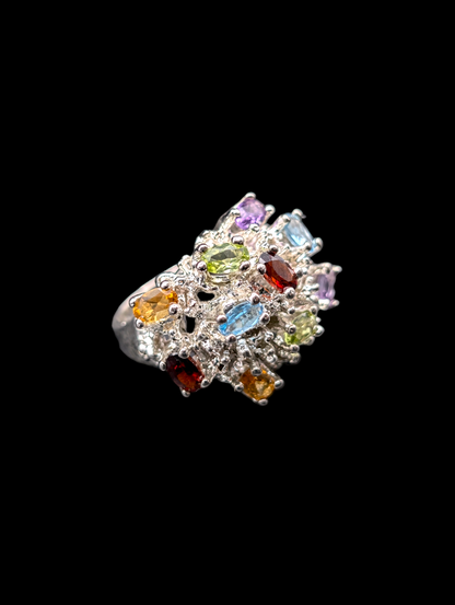 Vintage Cluster Gemstone Bouquet of Amethyst, Peridot, Citrine, Garnet and Aquamarine 925 Silver Ring