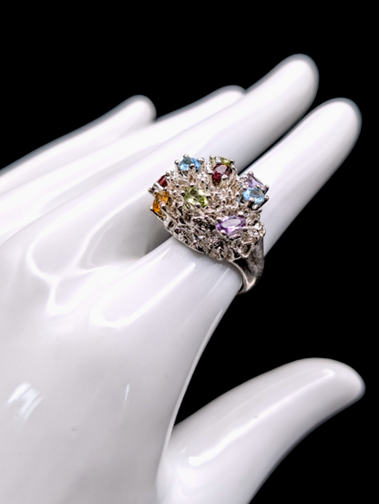 Vintage Cluster Gemstone Bouquet of Amethyst, Peridot, Citrine, Garnet and Aquamarine 925 Silver Ring