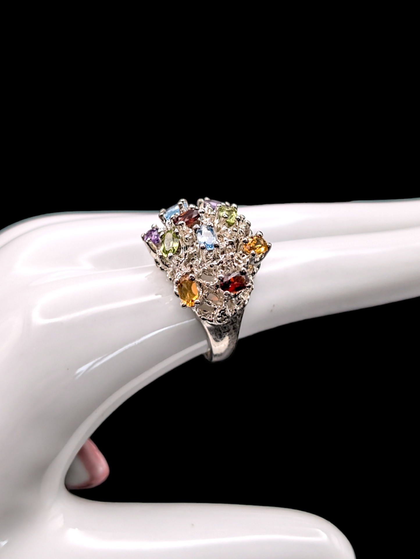 Vintage Cluster Gemstone Bouquet of Amethyst, Peridot, Citrine, Garnet and Aquamarine 925 Silver Ring