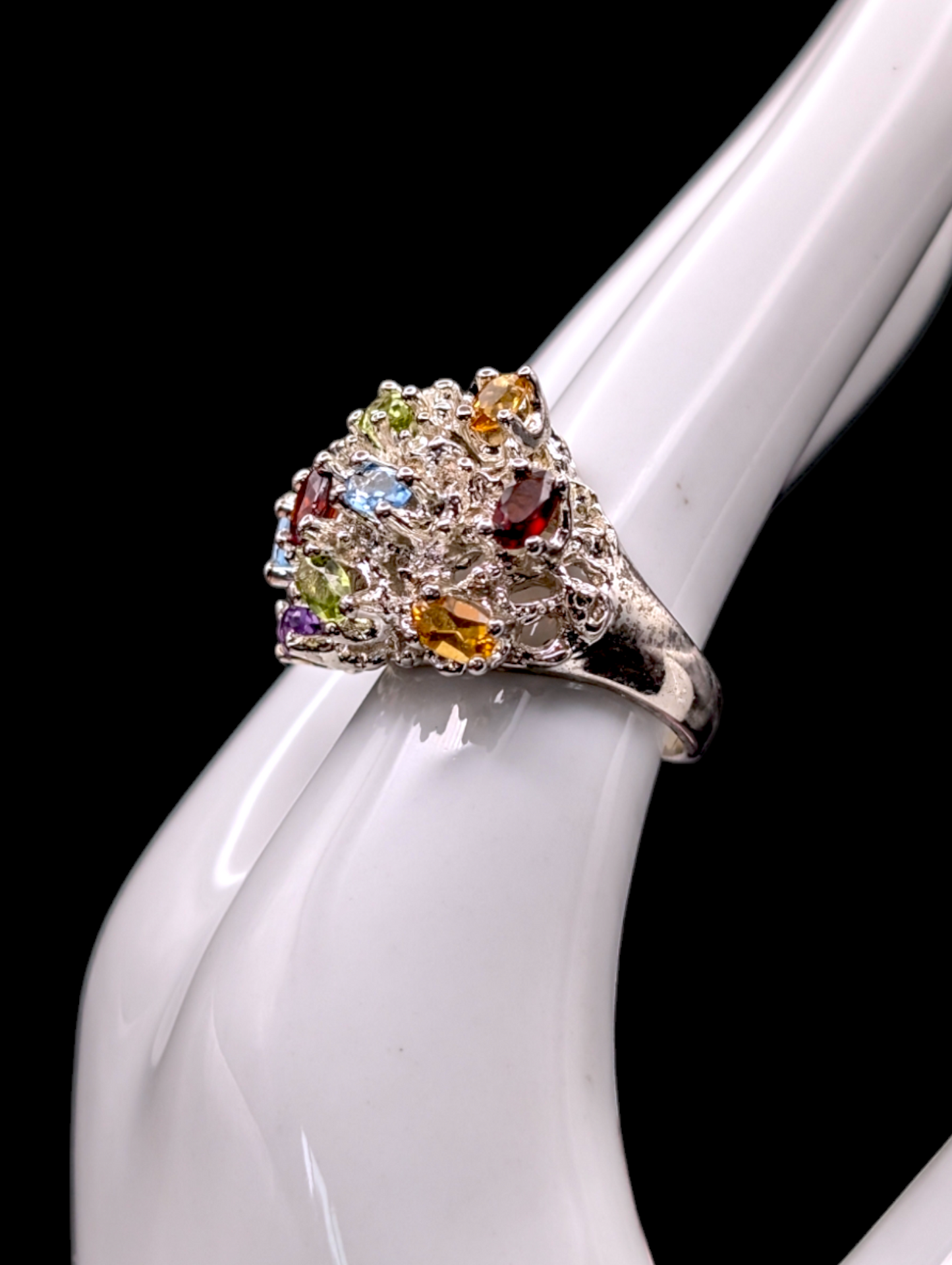 Vintage Cluster Gemstone Bouquet of Amethyst, Peridot, Citrine, Garnet and Aquamarine 925 Silver Ring