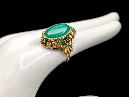 Vintage Simulated Chrysoprase Emerald Green Cocktail Statement Ring with Gold Filigree and Rhinestones