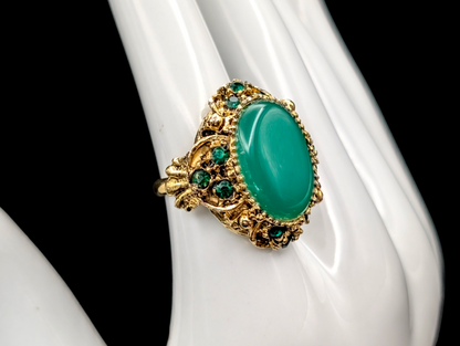 Vintage Simulated Chrysoprase Emerald Green Cocktail Statement Ring with Gold Filigree and Rhinestones