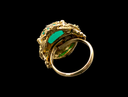 Vintage Simulated Chrysoprase Emerald Green Cocktail Statement Ring with Gold Filigree and Rhinestones