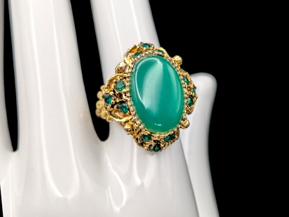 Vintage Simulated Chrysoprase Emerald Green Cocktail Statement Ring with Gold Filigree and Rhinestones