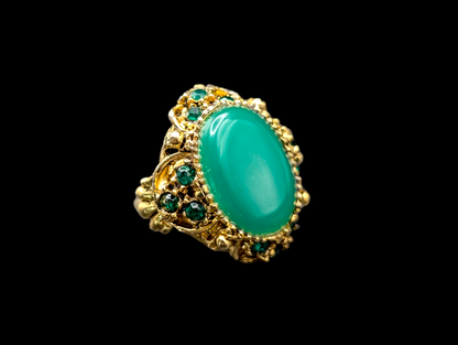 Vintage Simulated Chrysoprase Emerald Green Cocktail Statement Ring with Gold Filigree and Rhinestones