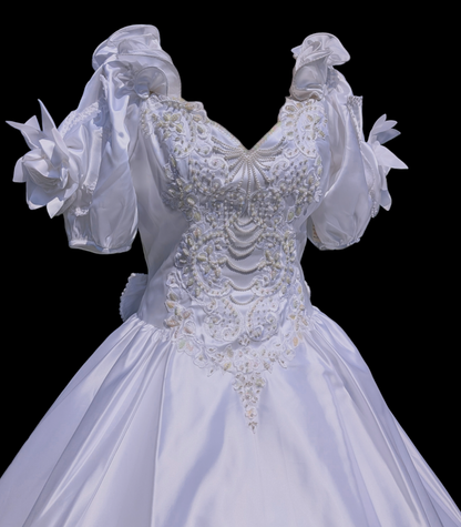 Vintage "Cinderella" Timeless White Wedding Dress with Ruffled Train, Puffed Sleeves, Rosette Details and Aurora Borealis Sequins Dripping with Pearls