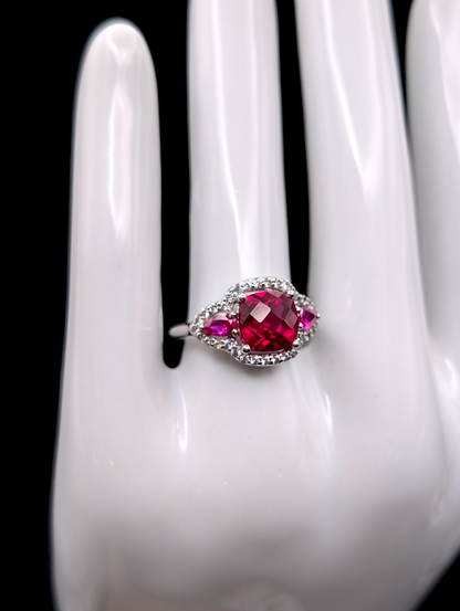 Vintage Genuine Designer Cut Ruby with Pear Shaped Pink Sapphires and White Topaz Gemstones 925 Ring