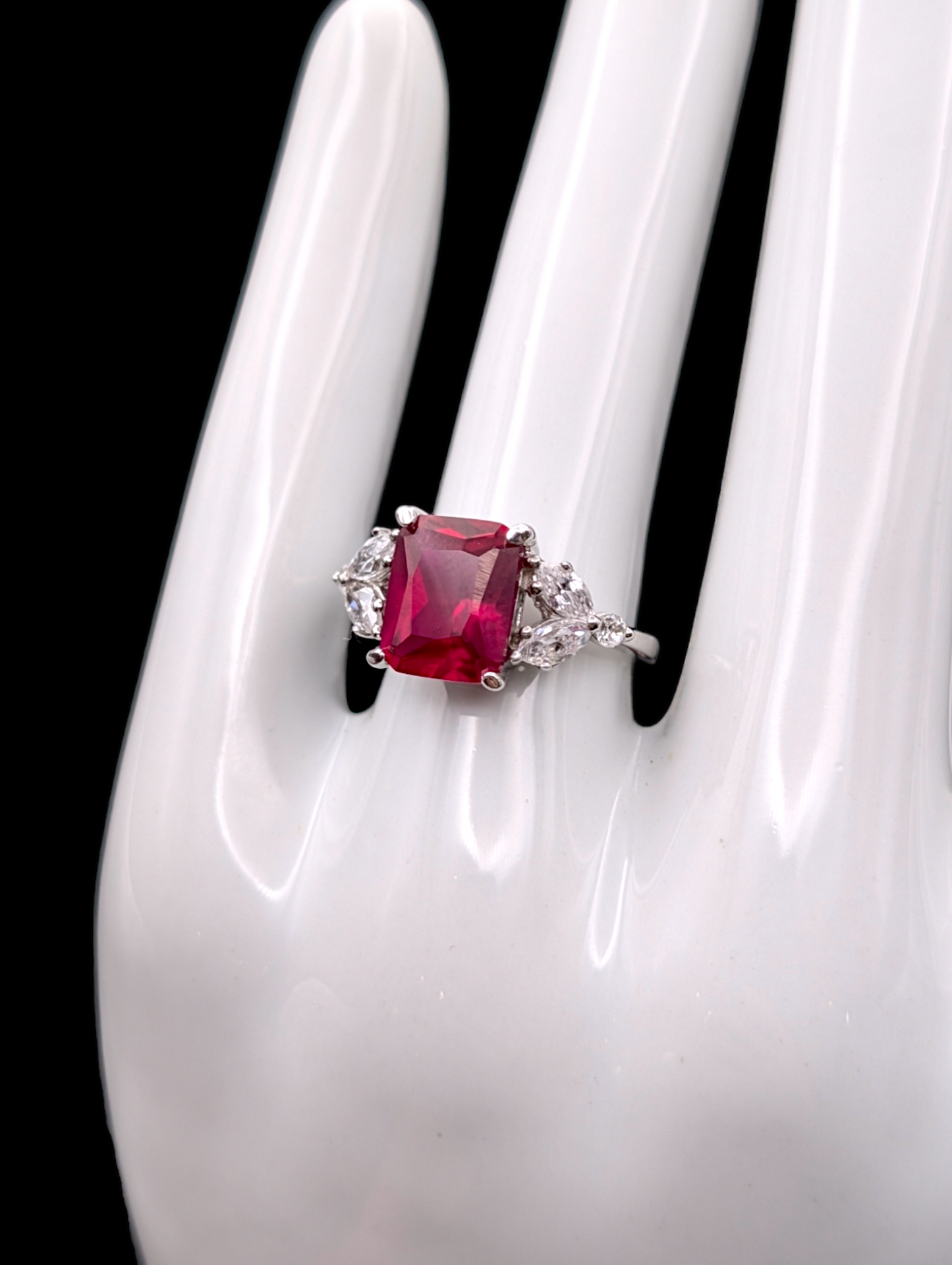 Vintage Genuine Radiant Cut Pigeon Blood Red Ruby Ring with Clear Crystal Accent Stone Silver 925