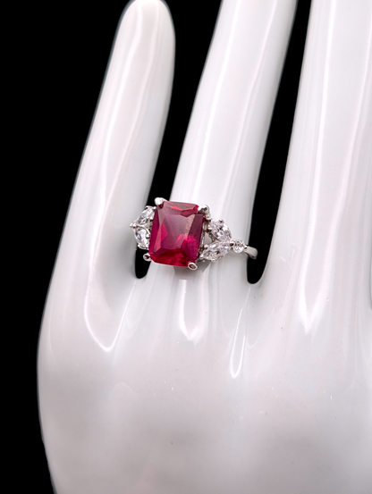 Vintage Genuine Radiant Cut Pigeon Blood Red Ruby Ring with Clear Crystal Accent Stone Silver 925