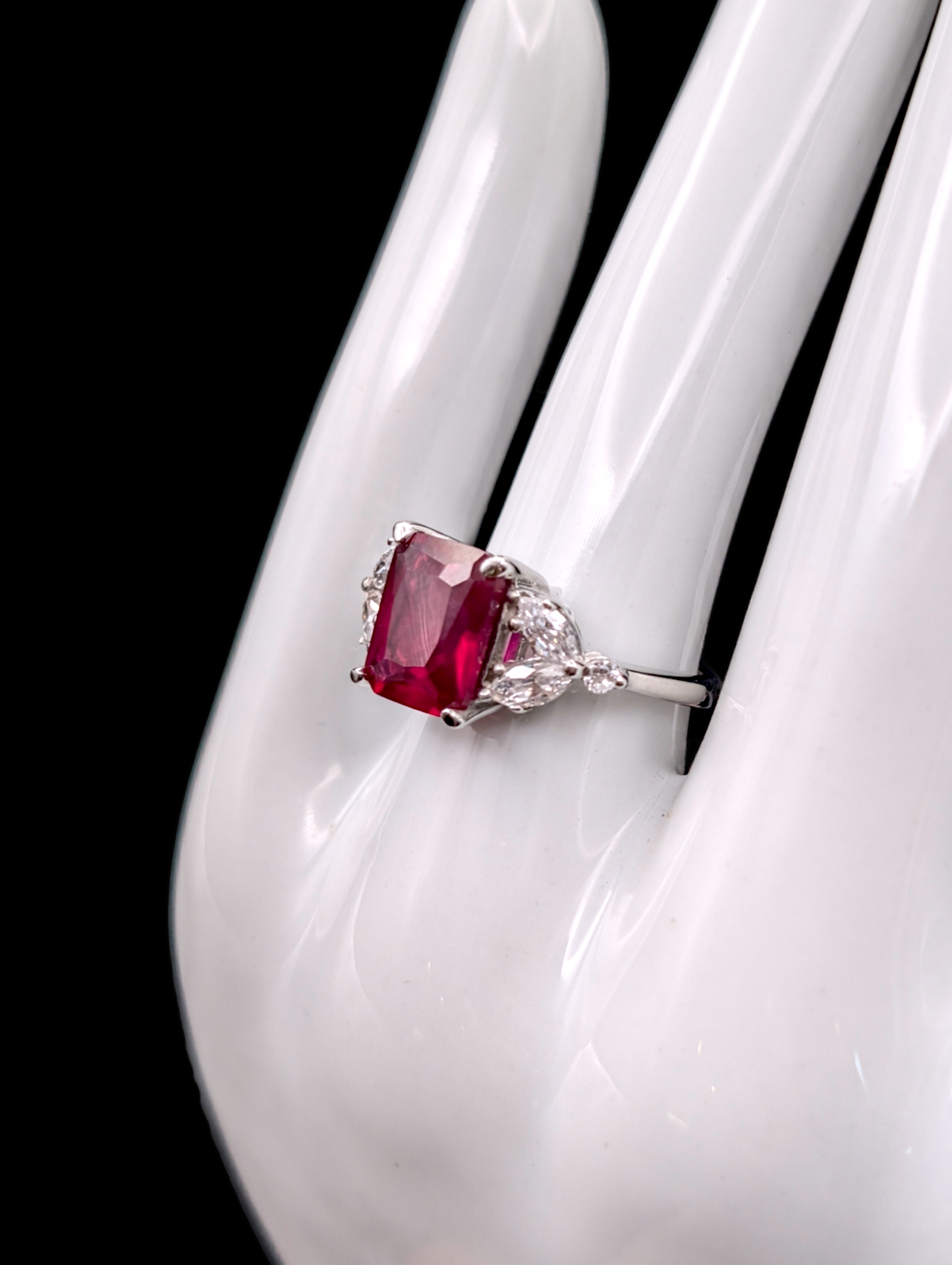 Vintage Genuine Radiant Cut Pigeon Blood Red Ruby Ring with Clear Crystal Accent Stone Silver 925