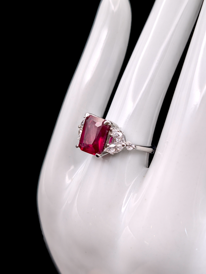 Vintage Genuine Radiant Cut Pigeon Blood Red Ruby Ring with Clear Crystal Accent Stone Silver 925