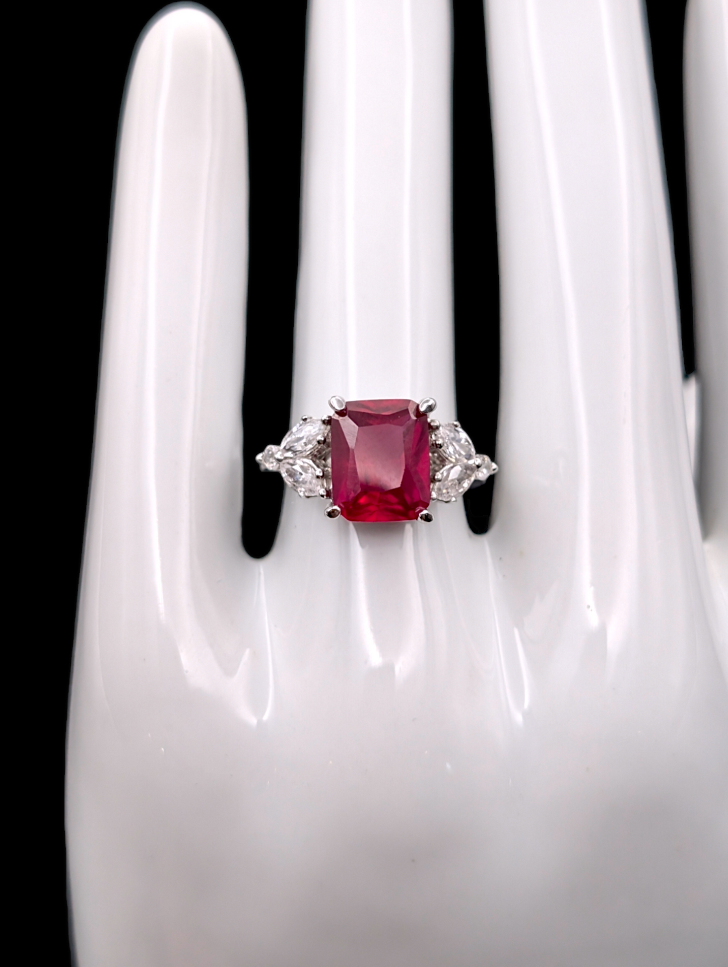 Vintage Genuine Radiant Cut Pigeon Blood Red Ruby Ring with Clear Crystal Accent Stone Silver 925