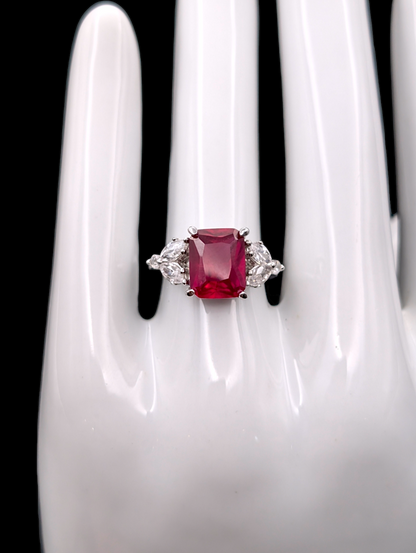 Vintage Genuine Radiant Cut Pigeon Blood Red Ruby Ring with Clear Crystal Accent Stone Silver 925