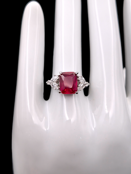 Vintage Genuine Radiant Cut Pigeon Blood Red Ruby Ring with Clear Crystal Accent Stone Silver 925