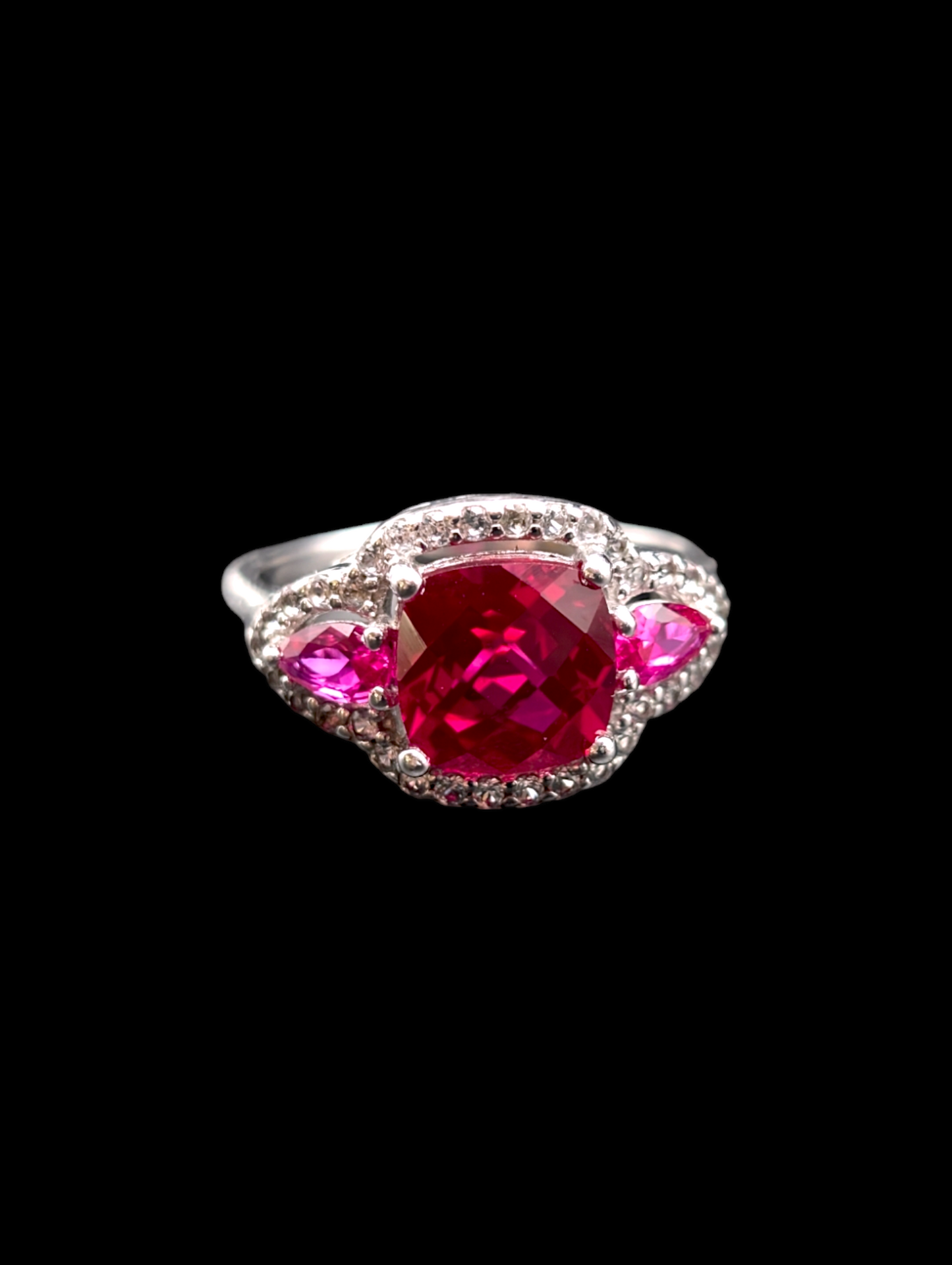 Vintage Genuine Designer Cut Ruby with Pear Shaped Pink Sapphires and White Topaz Gemstones 925 Ring