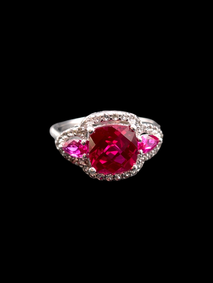 Vintage Genuine Designer Cut Ruby with Pear Shaped Pink Sapphires and White Topaz Gemstones 925 Ring