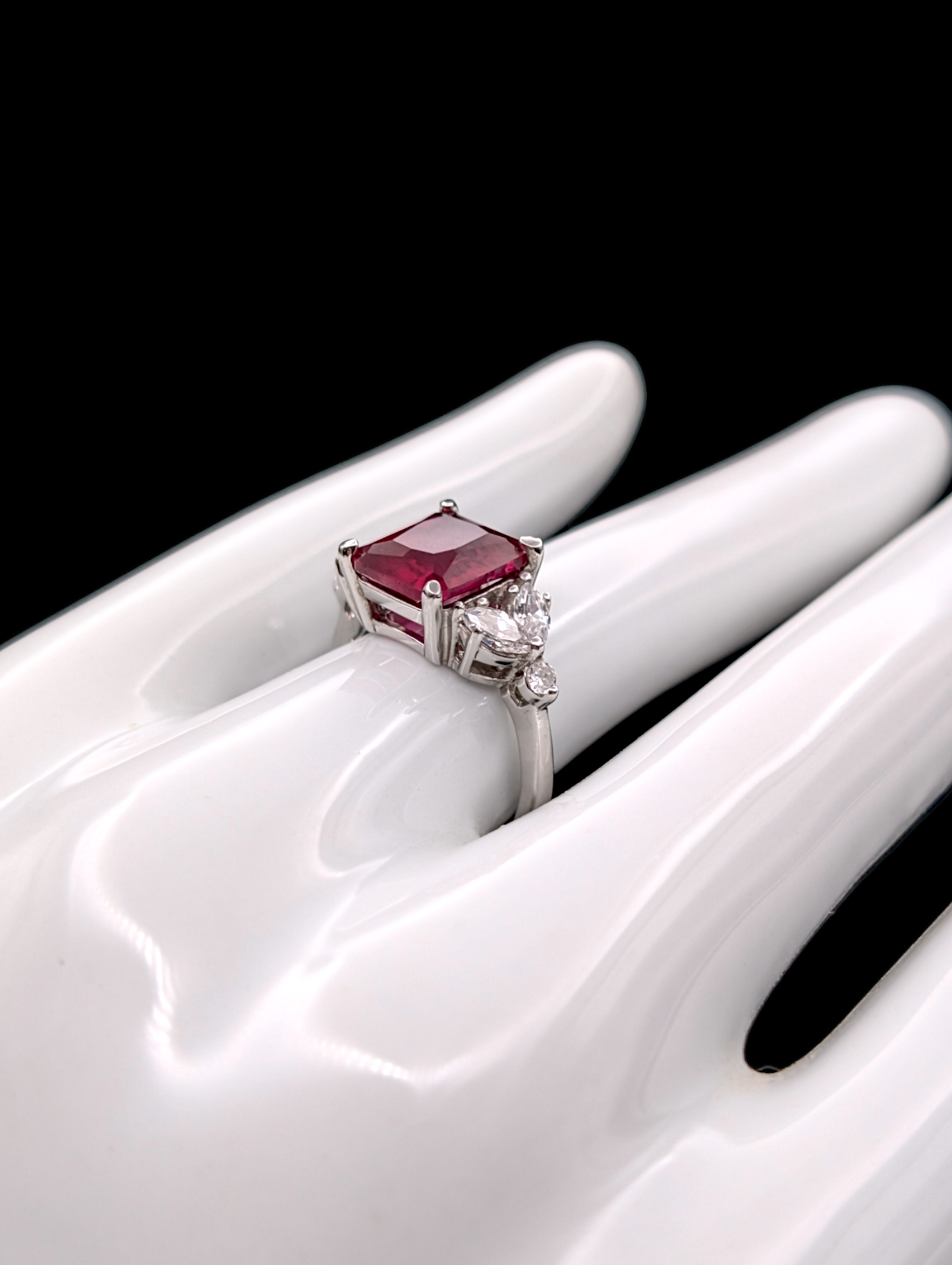 Vintage Genuine Radiant Cut Pigeon Blood Red Ruby Ring with Clear Crystal Accent Stone Silver 925