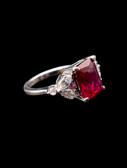 Vintage Genuine Radiant Cut Pigeon Blood Red Ruby Ring with Clear Crystal Accent Stone Silver 925