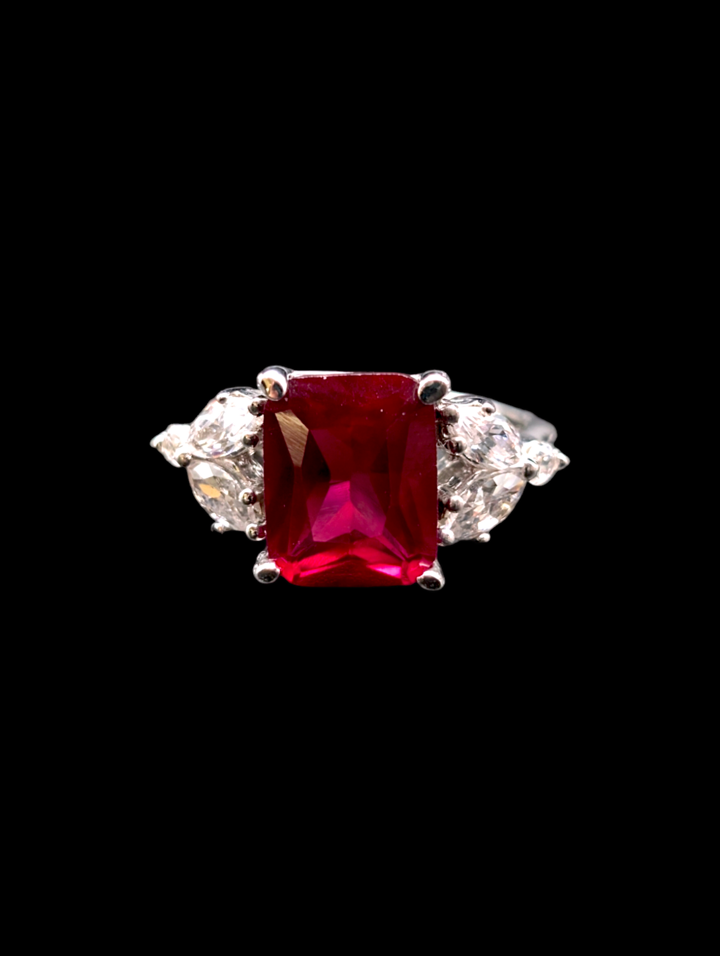 Vintage Genuine Radiant Cut Pigeon Blood Red Ruby Ring with Clear Crystal Accent Stone Silver 925