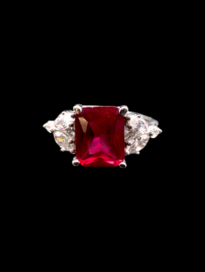 Vintage Genuine Radiant Cut Pigeon Blood Red Ruby Ring with Clear Crystal Accent Stone Silver 925