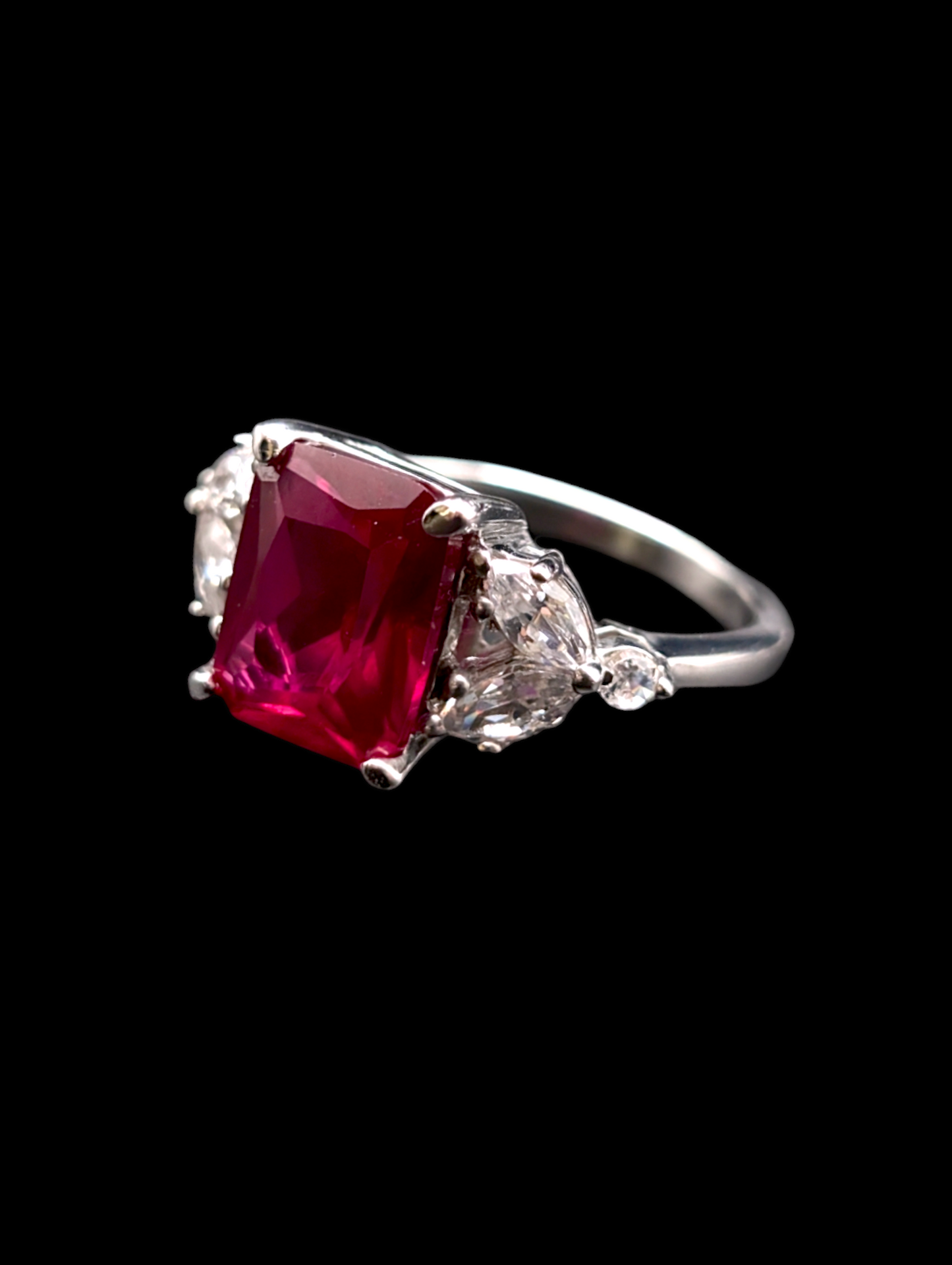 Vintage Genuine Radiant Cut Pigeon Blood Red Ruby Ring with Clear Crystal Accent Stone Silver 925