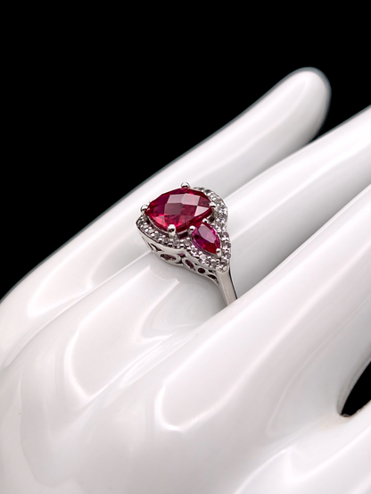 Vintage Genuine Designer Cut Ruby with Pear Shaped Pink Sapphires and White Topaz Gemstones 925 Ring