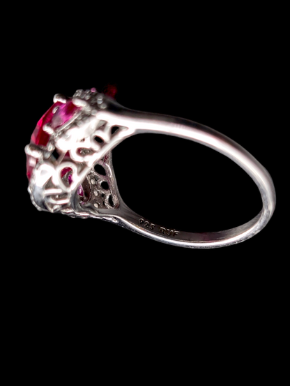 Vintage Genuine Designer Cut Ruby with Pear Shaped Pink Sapphires and White Topaz Gemstones 925 Ring