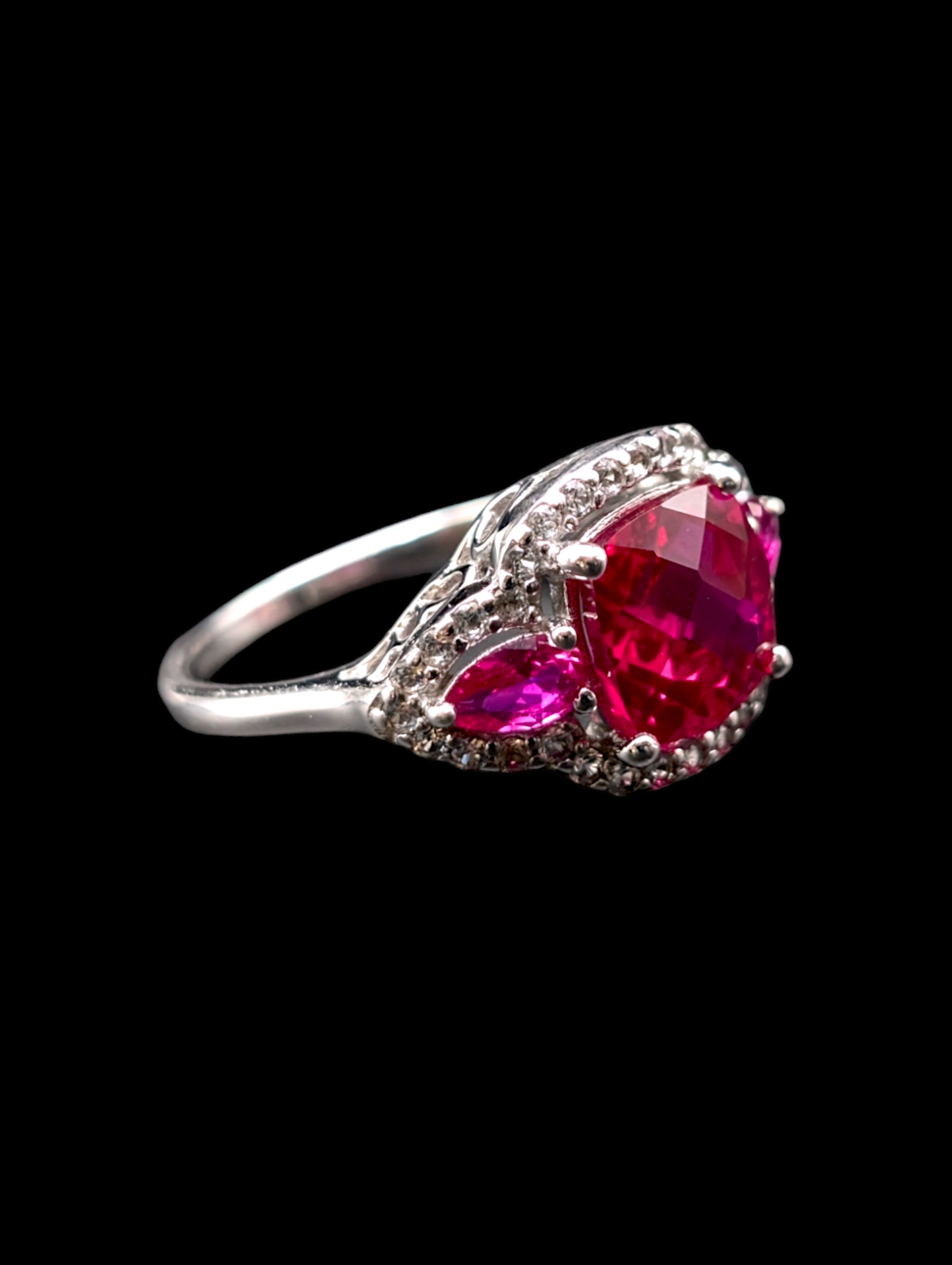 Vintage Genuine Designer Cut Ruby with Pear Shaped Pink Sapphires and White Topaz Gemstones 925 Ring