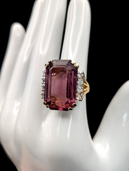 Vintage Extra Large Emerald Cut Simulated Amethyst Gold Plated Cocktail Ring Ring