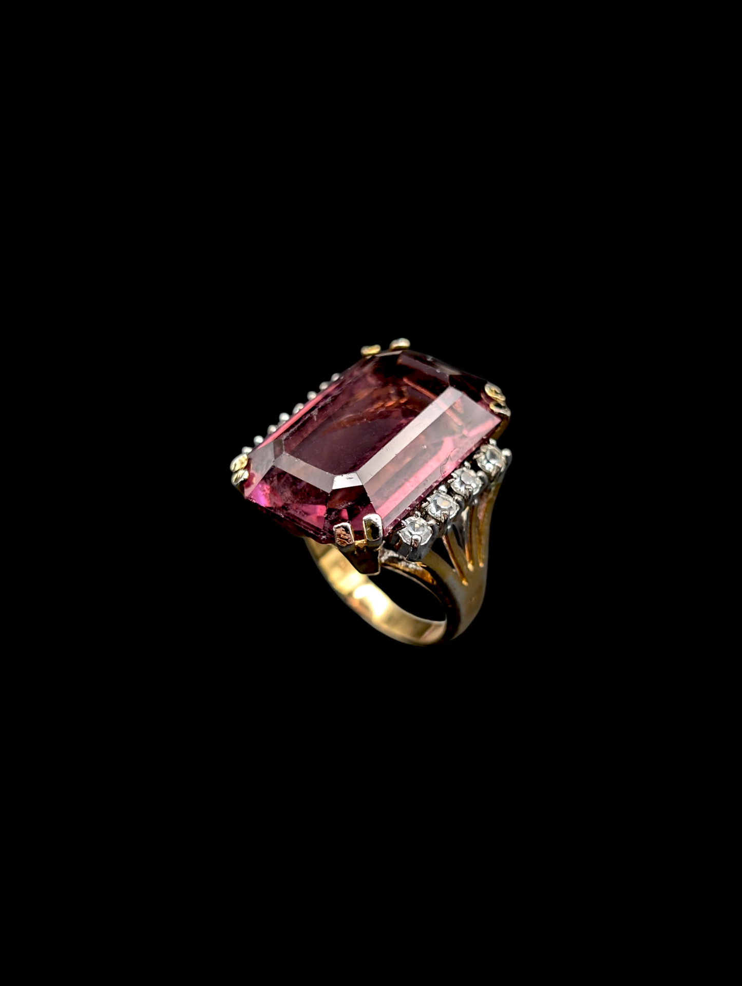 Vintage Extra Large Emerald Cut Simulated Amethyst Gold Plated Cocktail Ring Ring