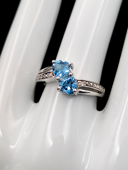 Vintage Inspired Double Heart Cut Swiss Blue Topaz Diamond 924 Silver Ring