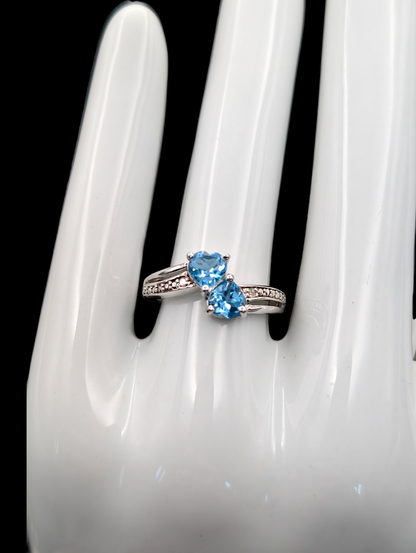 Vintage Inspired Double Heart Cut Swiss Blue Topaz Diamond 924 Silver Ring