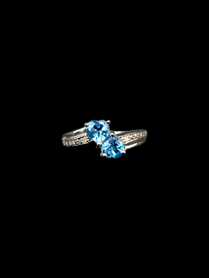 Vintage Inspired Double Heart Cut Swiss Blue Topaz Diamond 924 Silver Ring