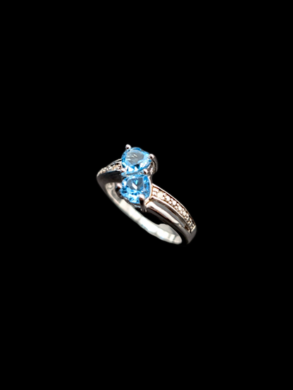 Vintage Inspired Double Heart Cut Swiss Blue Topaz Diamond 924 Silver Ring