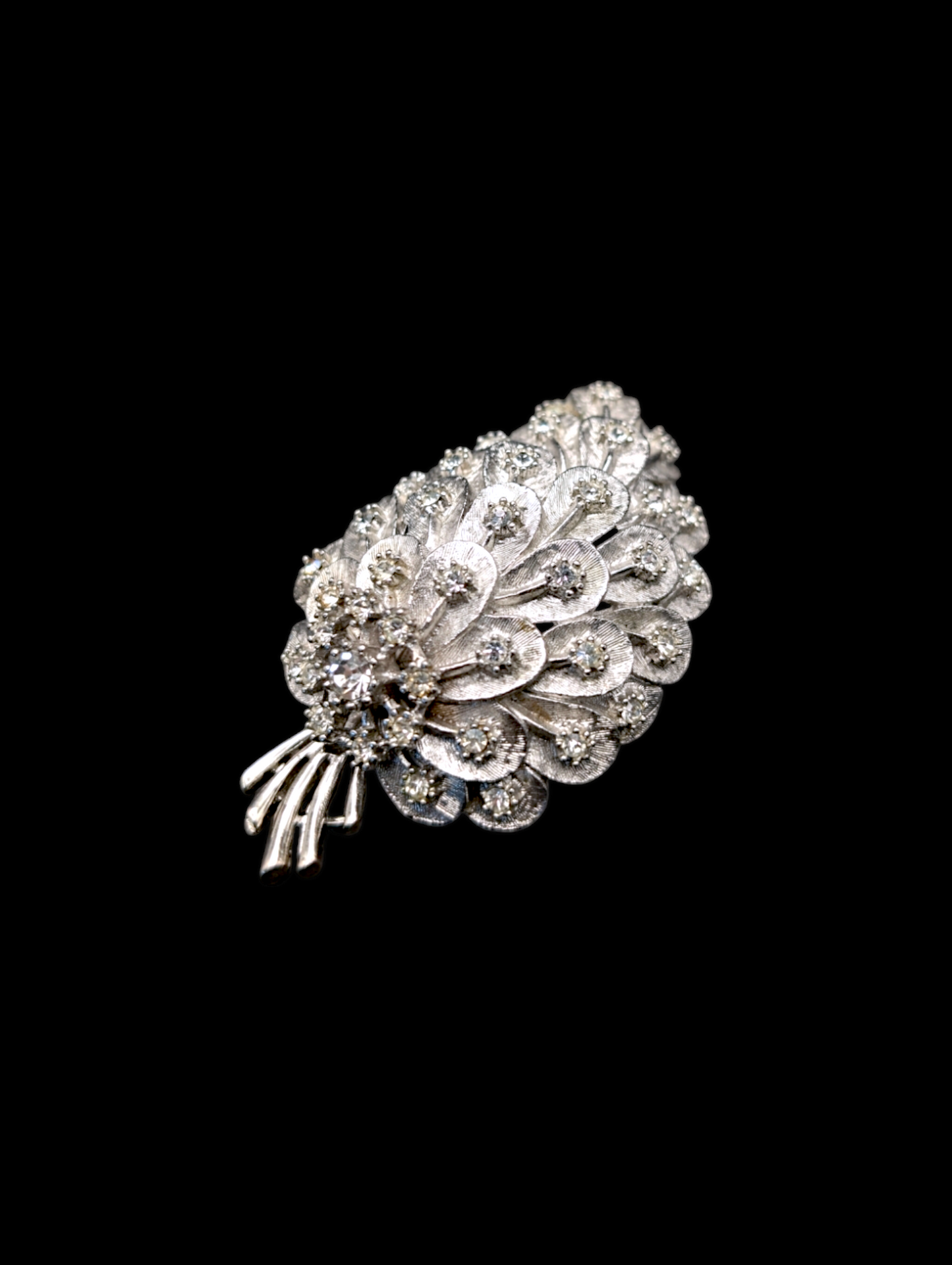 1950s - 1960s Mid-century Modern Large Peacock Feather Silver Rhinestone Brooch Pin