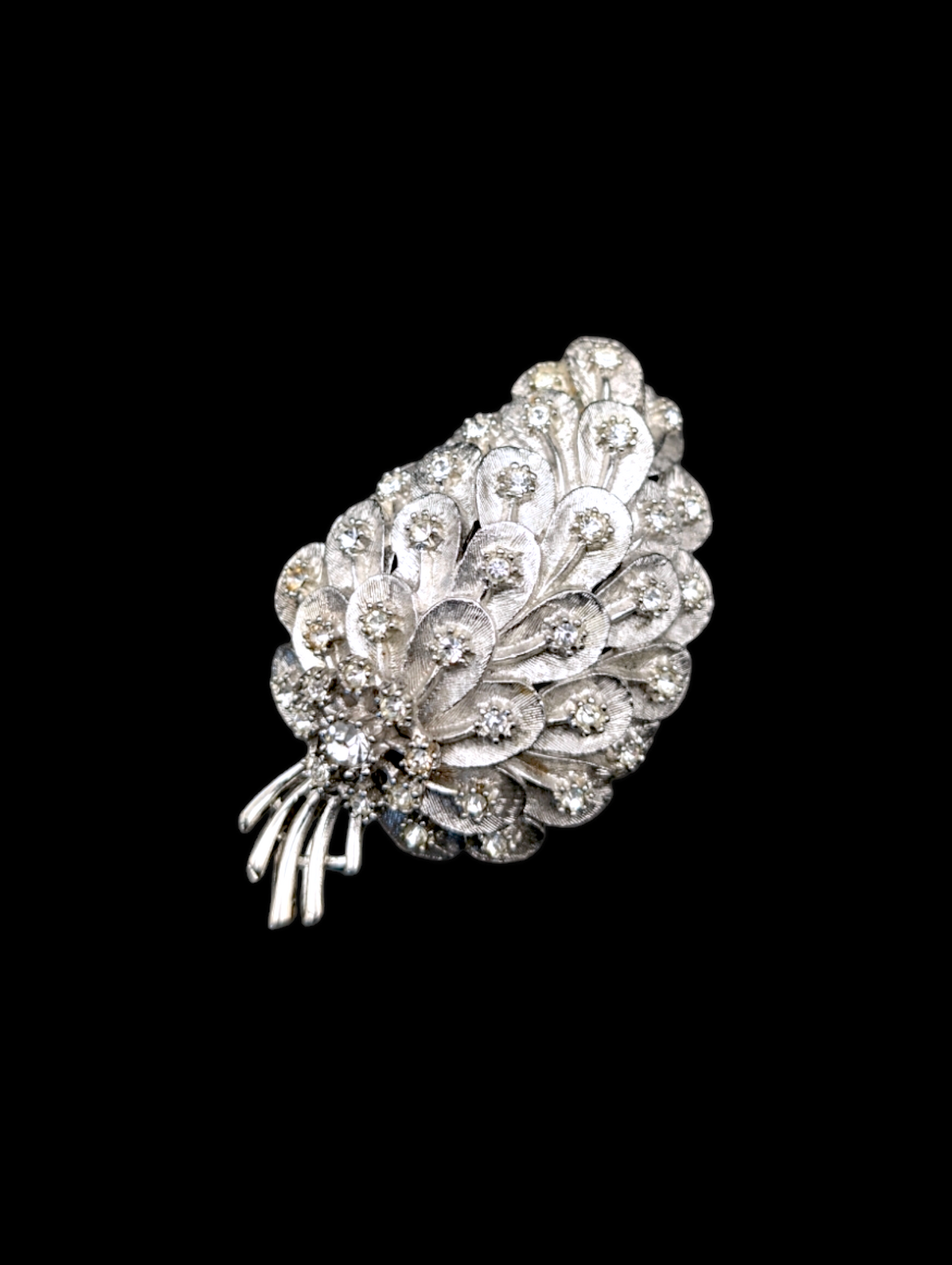 1950s - 1960s Mid-century Modern Large Peacock Feather Silver Rhinestone Brooch Pin
