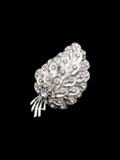 1950s - 1960s Mid-century Modern Large Peacock Feather Silver Rhinestone Brooch Pin